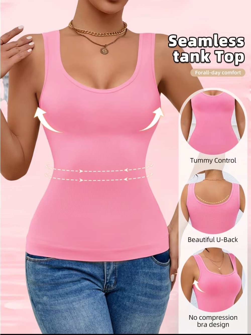 Seamless Pink Tank Top with Tummy Control and U-Back